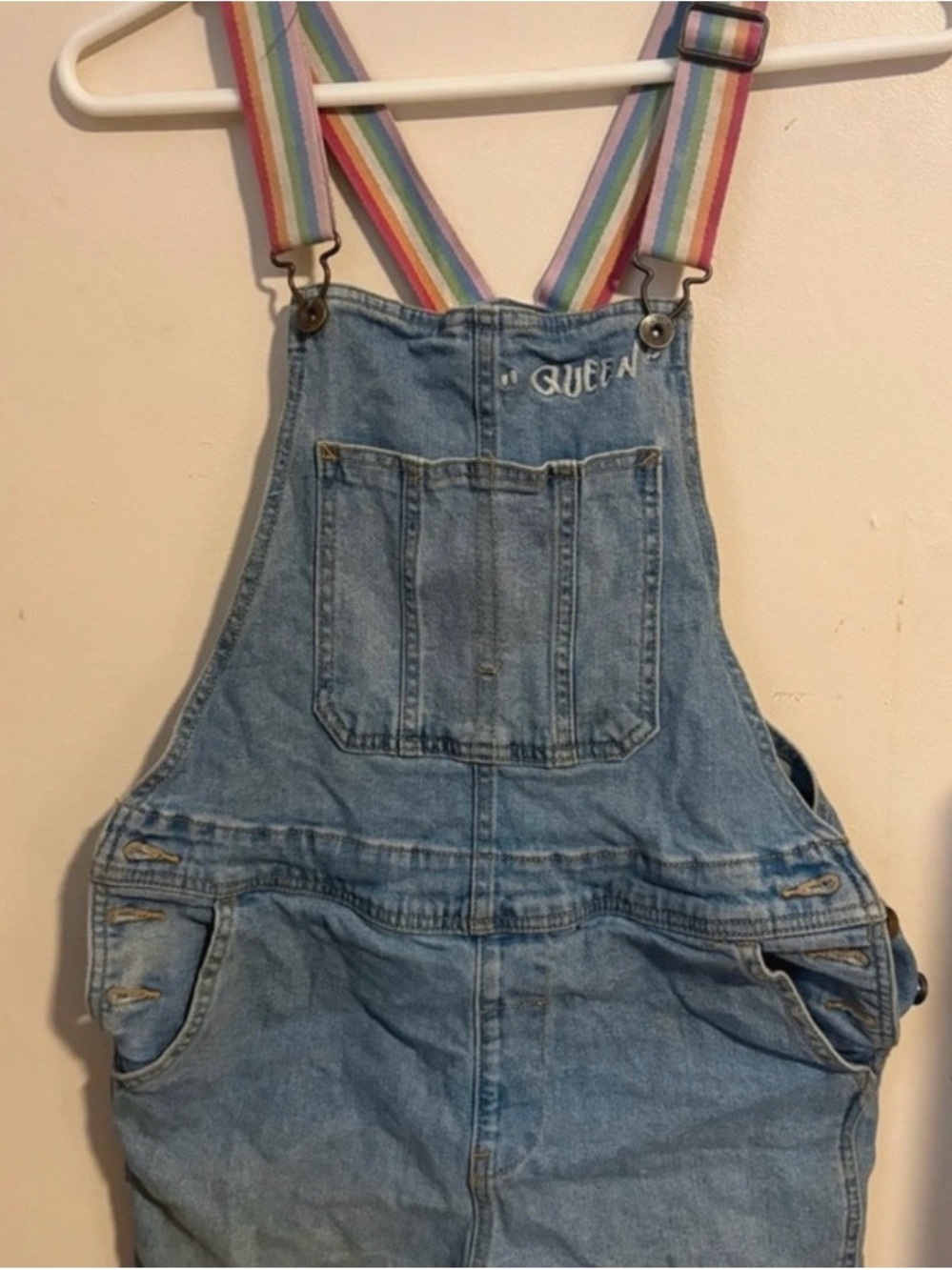 Kids Denim Overalls with Rainbow Straps - Queen Embroidery